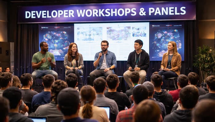 Developer Workshops Panels - LIve Casino Magic - Live CasinoMagic Game Event UndergrowthGameLine's Developer Workshops & Panels, featuring a group of expert panelists discussing game design, development, and strategy. This interactive event provides attendees with hands-on learning experiences and insights into the gaming industry.