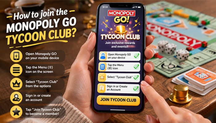 How to join the Monopoly GO Tycoon Club? - Live Casino Magic - Live CasinoMagic Step-by-step guide to join the Monopoly Go Tycoon Club on mobile, showing the app interface and how to access exclusive rewards and events with a sign-up process.