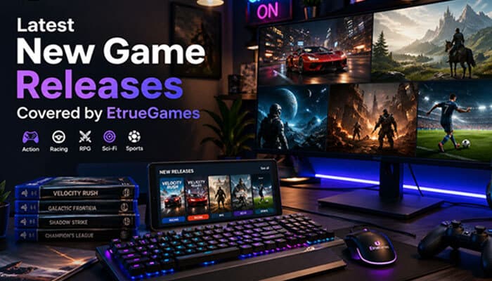 Latest New Game Releases Covered by EtrueGames - Live Casino Magic - Live CasinoMagic Latest Gaming Updates from EtrueSports EtrueGames showcasing new game releases across multiple genres like Action, Racing, RPG, Sci-Fi, and Sports, with a vibrant gaming setup.