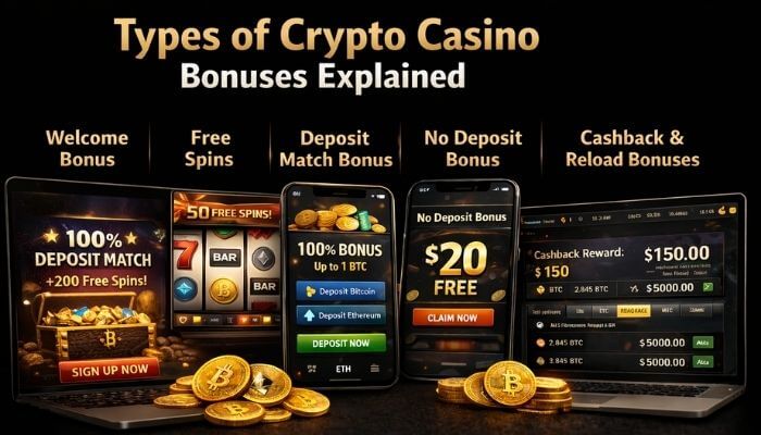 Types of Crypto Casino Bonuses 3 1 - Live CasinoMagic Best Crypto Casino Bonus types explained including welcome bonus, free spins, deposit match, no deposit, cashback and reload offers