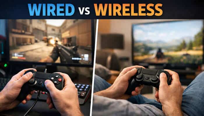 Wired vs Wireless Which Should You Choose - Live Casino Magic - Live CasinoMagic Wired vs Wireless gaming controllers comparison with focus on setup for Tutorial by Hearthstats HSGGamepad. Left side shows wired gaming, right side shows wireless gameplay.