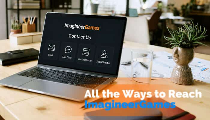 All the Ways to Reach ImagineerGames - Live Casino Magic - Live CasinoMagic Contact Address ImagineerGames support guide displayed on a modern laptop screen featuring official communication options including email support, live chat, contact forms, and social media channels for gamers seeking customer assistance and business inquiries in 2026.