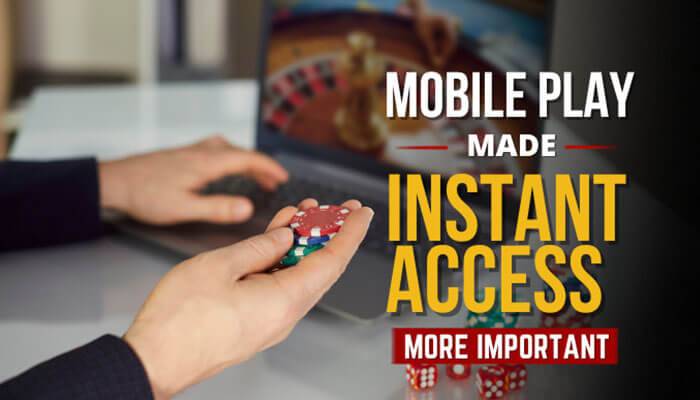 Mobile Play Made Instant Access More Important - Live Casino Magic - Live CasinoMagic Online Casino mobile gaming experience showing a player holding casino chips while using a smartphone and laptop, highlighting instant registration, fast access, secure login, mobile-first gambling platforms, seamless account creation, and modern online casino convenience for players in 2026.