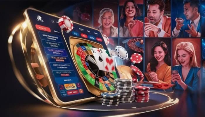 Social Interaction and Reward Systems - Live Casino Magic - Live CasinoMagic Online Social Casino Entertainment displayed on a mobile tablet with roulette interface, poker chips, and live player interaction panels, illustrating gamified casino apps, social engagement features, virtual rewards systems, and real-time multiplayer gaming experience in digital entertainment platforms