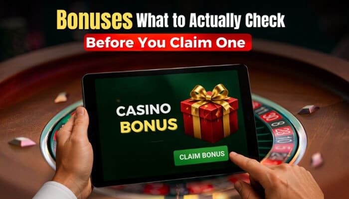 Bonuses What to Actually Check Before You Claim One - Live Casino Magic - Live CasinoMagic BVX Casino bonus terms featured image showing a player viewing a casino bonus offer on a tablet beside a roulette table, highlighting the importance of checking wagering requirements, maximum bet limits, eligible games, withdrawal restrictions, and bonus expiration rules before claiming a BVX Casino promotion.
