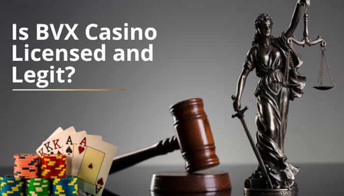 Is BVX Casino Licensed and Legit - Live Casino Magic - Live CasinoMagic BVX Casino licensing and legitimacy review image featuring Lady Justice, legal scales, a judge’s gavel, poker cards, and casino chips, representing regulatory oversight, licensing verification, player protection, and legal considerations surrounding BVX Casino.