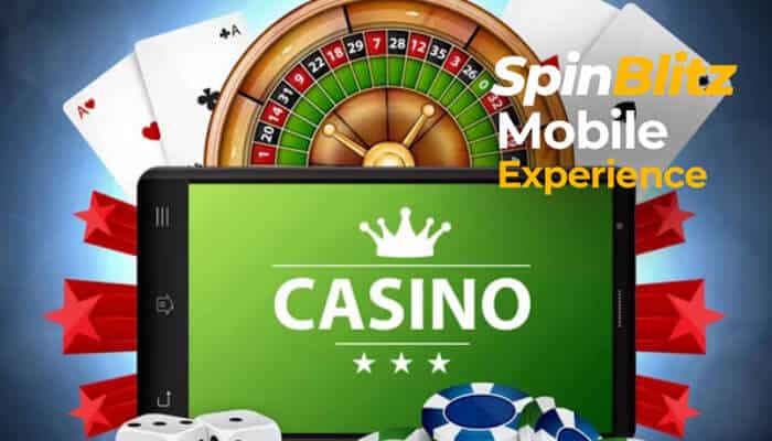 SpinBlitz Mobile Experience - Live Casino Magic - Live CasinoMagic SpinBlitz Casino mobile experience featuring casino-style roulette, playing cards, dice and chips displayed around a smartphone for mobile gaming access.