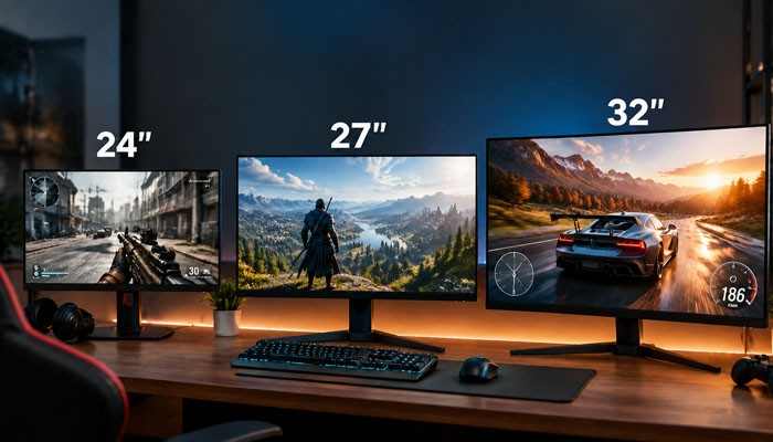 Gaming Monitor Size Guide - Live Casino Magic - Live CasinoMagic Which Gaming Monitor Should I Buy Gamrawresports size comparison guide showing 24-inch, 27-inch, and 32-inch gaming monitors for choosing the ideal screen size, resolution, and immersive gaming experience.