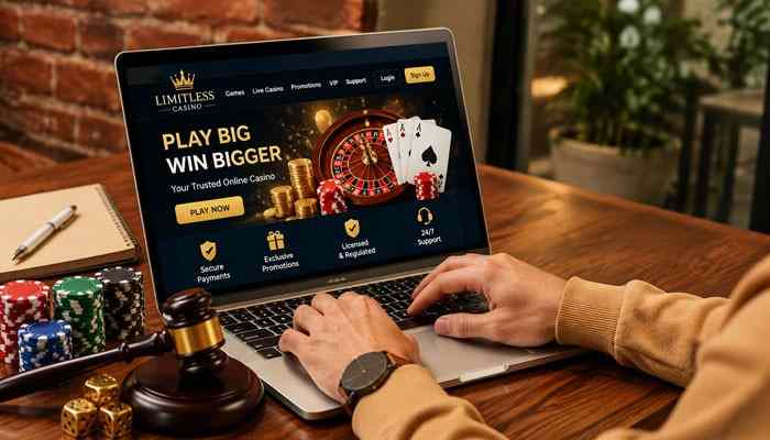 Licensing Information - Live Casino Mgaic - Live CasinoMagic Limitless Casino licensing information page displayed on a laptop showing online casino platform features, secure payments, regulatory details, and responsible gaming verification with casino elements
